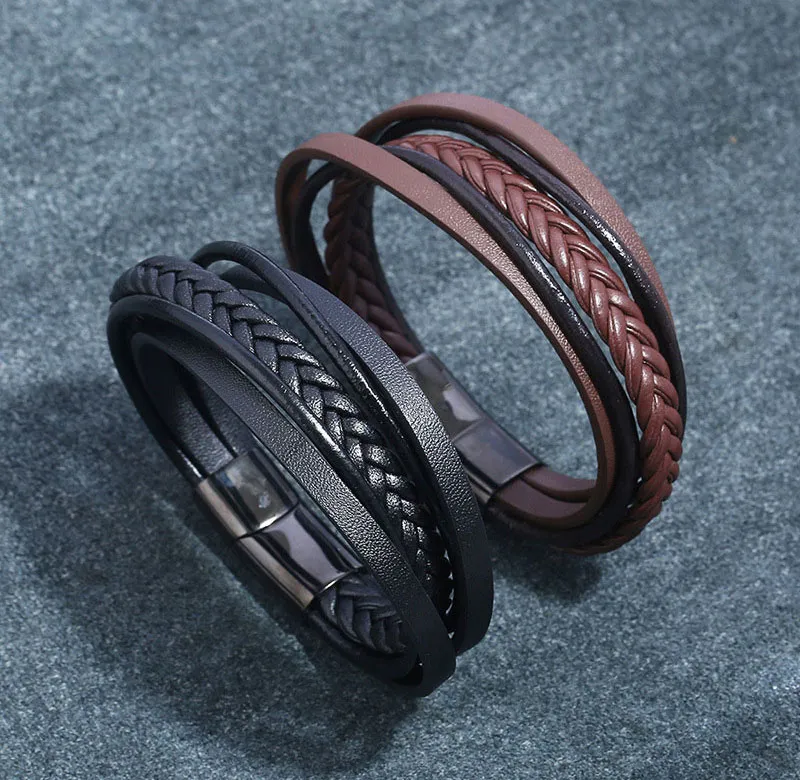 Einfache handgemachte Webart mehrschichtige Leder Edelstahl Charm Armbänder schwarz braun Rock Armreifen Schmuck für Frauen Men299R