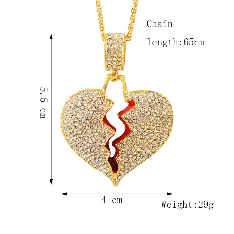 Chaînes glacées pendentif coeur brisé colliers hommes Bling cristal strass amour charme or argent ed chaîne pour femmes 2547