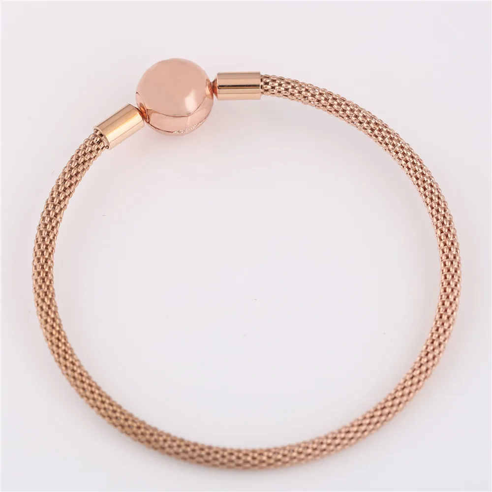 Originele 925 Sterling Zilveren Bangle Rose Gold Snake Chain Basic Ball Sluiting Mesh Armband Fit Vrouwen Bead Charm Mode-sieraden CX20268c