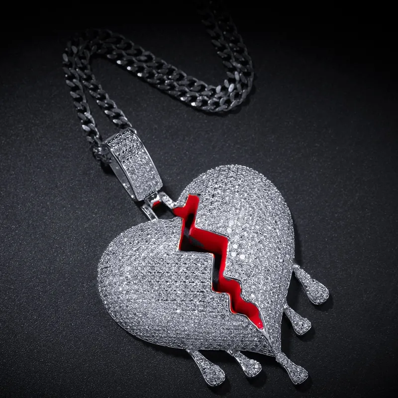 Iced Out Broken Heart Pendant Necklace Mens Womens Fashion Hip Hop Jewelry Gold Silver Water Drop Necklaces237H