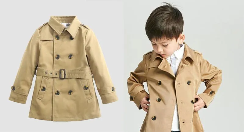 Baby Vintage Tench Coat Boy Girl Designer Kläder Vindsäker jacka Brittisk dubbelbröst vindbrytare TurnDown Collar Butn Bel1002036