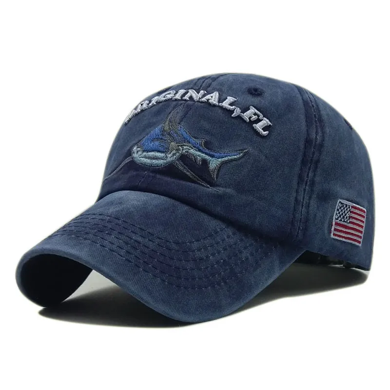 2019 Vintage Gewaschene Denim Cap Snapback Gestickte Shark Baseball Caps Männer Outdoor Angeln Kappe Baumwolle Casual Weibliche Papa Hat255M