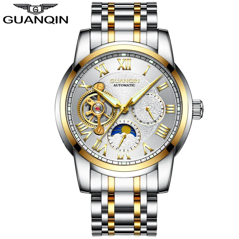 Guanqin Top Brand Tourbillon Automático Avanário de Luxo Men de luxo Esporte Aço inoxidável impermeável relógio mecânico Relogio Masculino315R