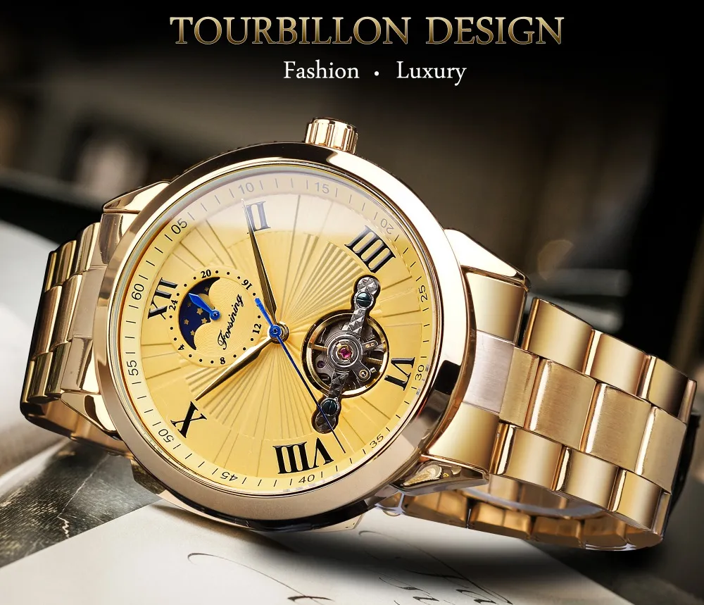 Forsining Golden Men Mechanical Wristwatch 3D Dial Automatic Tourbillon Moonphase Full Steel Big Watches Clock Relogio Masculino358Y