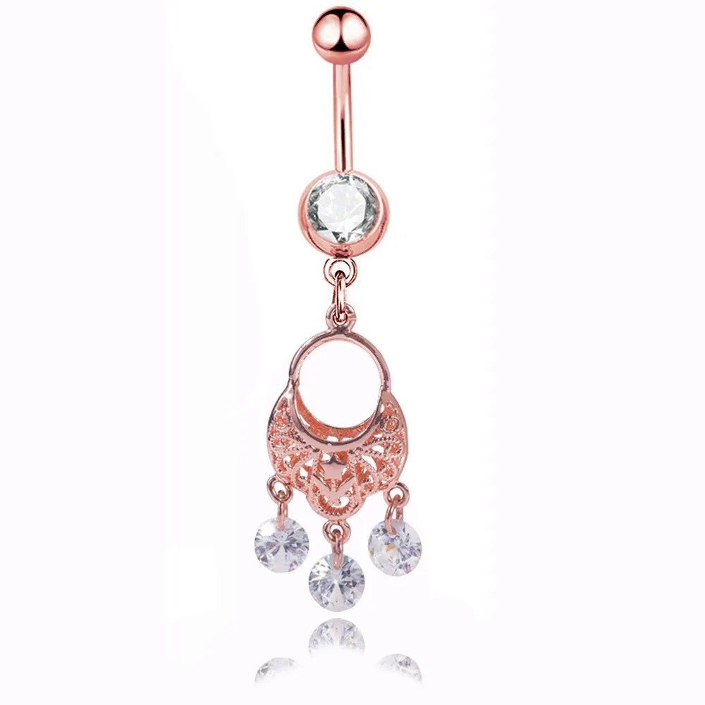 섹시한 Wasit Belly Dance Crystal Body Jewelry Stainless Steel Steel Rhinestone Bell Bell Button Piercing Dangle Rings for Women Pendant Rose Gold