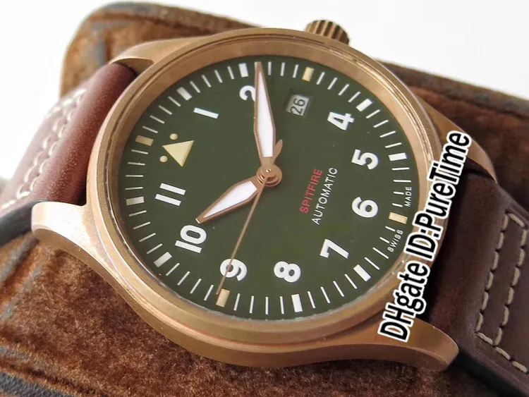 AIF Spitfire Automatyczne brąz IW326802 Miyota 9015 Automatyczne męskie zegarek Zielone wybieranie brązowych skórzanych zegarków P237o