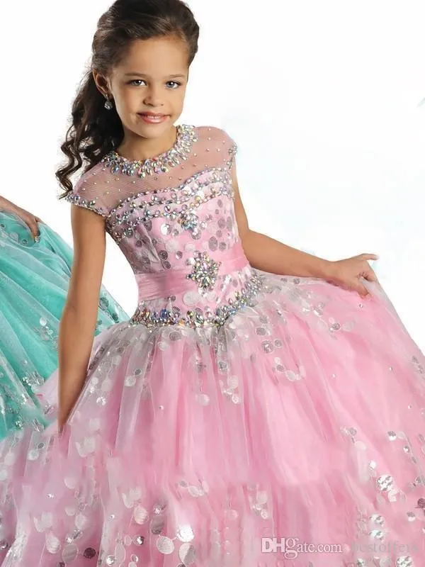 2020 Princess Girl's Pageant Dresses Beaded Ruffles Sheer Neck Ball Gown Floor Length Pink Blue Flower Girl Dresses Sequins D230l