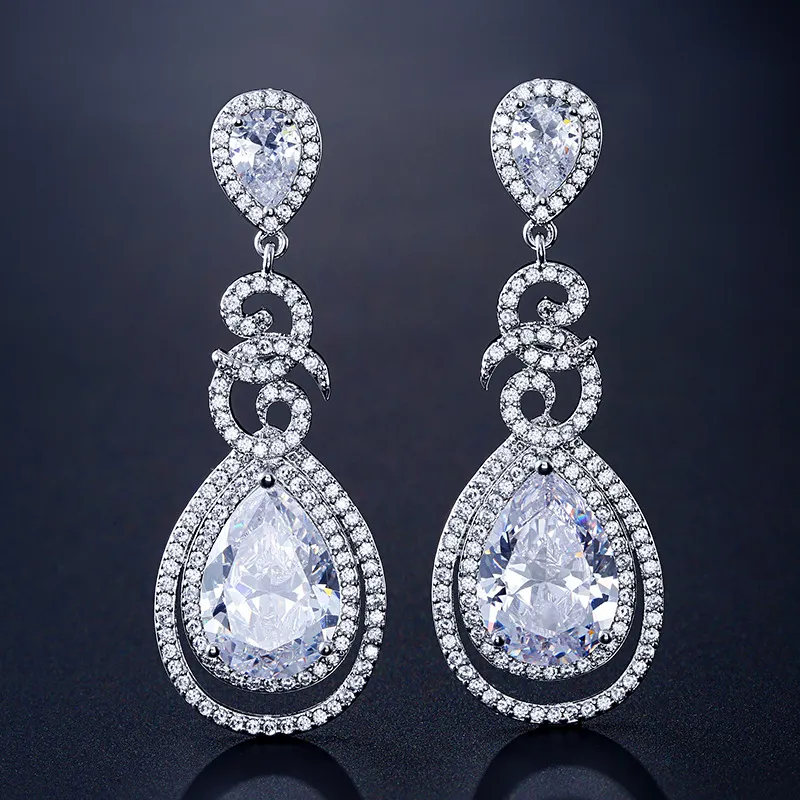 Platinum Plated CZ Teardrop Bridal Earrings Sparkle Statement Earrings Water Drop Zircon Evening Earrings Wedding Jewelry Women Gi288N