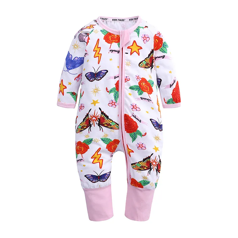 Bebek Tulum Yenidoğan Kız Giysileri Bebek Romper Uzun Kollu Çiçek Kelebek Baskı Bebek Kız Tulum Tulum Bebek Giyim