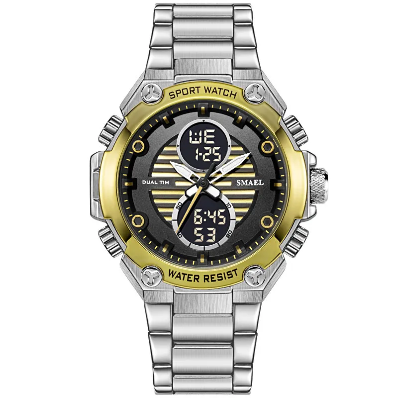 Smael Watch Men Digital Alloy Bekijk Gold Big Dial Sport Luxuremerk klokken 30m waterdicht1372 Men Electronic Watch Mechanisme256y