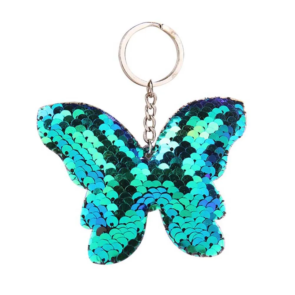 Car Sparkling Colorful Sequins Butterfly Shape Pendant Keychain Car Key Ring Holder Hanging Decoration Keychain Sequins Decor 12275V