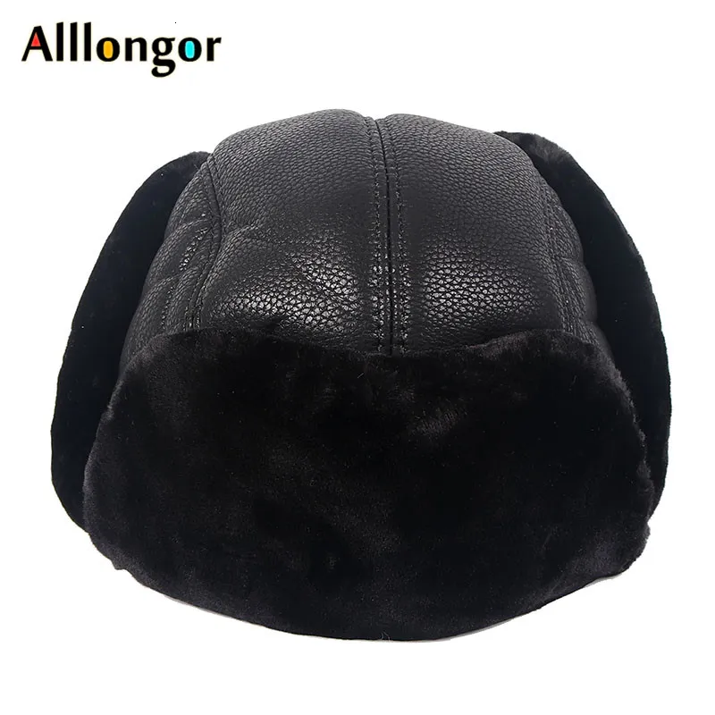 Alta qualidade 2019 inverno couro piloto boné faxu pele russo ushanka chapéus earflap bombardeiro chapéu masculino preto neve chapéus t191022221q