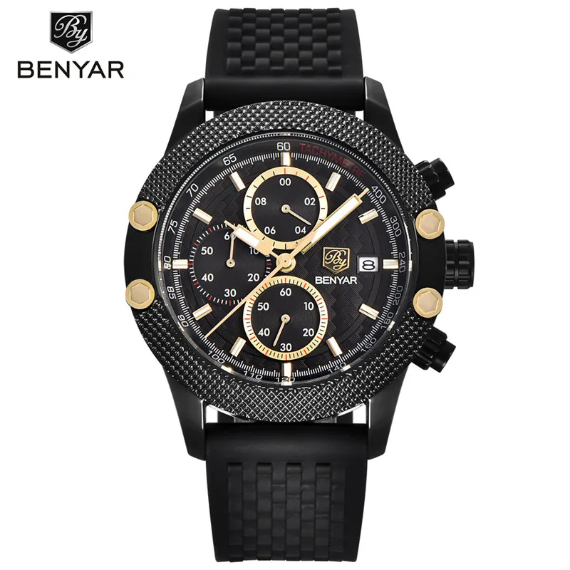 Benyar Mens Watches Top Luxury Sport Chronograph Fashion Men Waterproof Luxury Brand Gold Quartz Watch Saat Reloj hombre297y