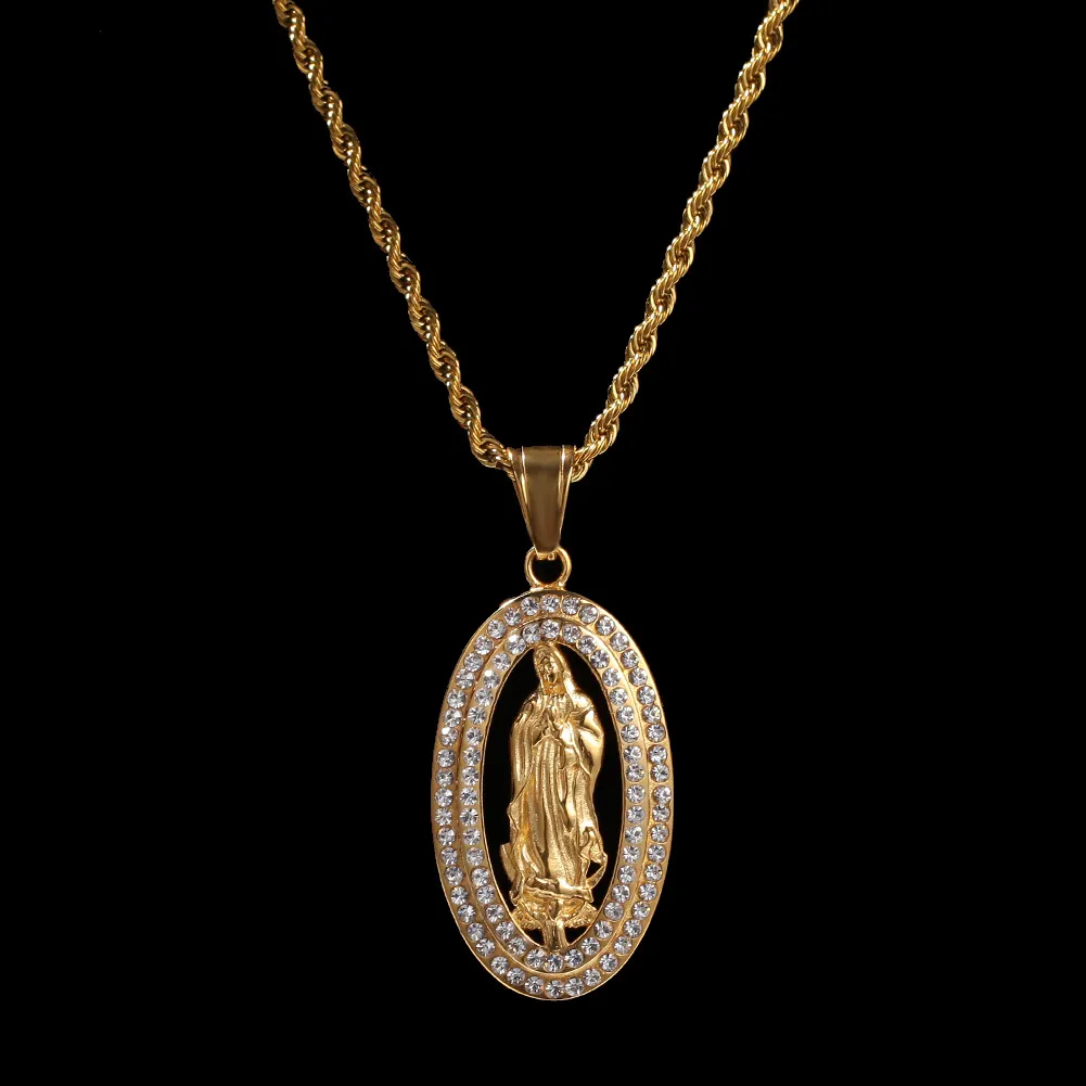 新しい男ゴールドメッキステンレス鋼のキラキラダイヤモンドバージンメアリーオーバルペンダントネックレスチェーン男性と女性のためのヒップホップbijoux jewelr316d