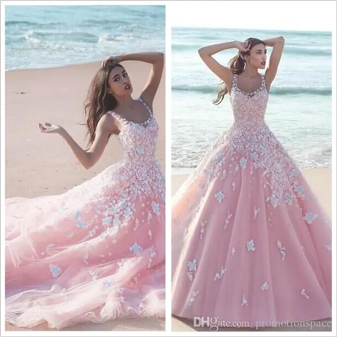 2020 قال Mhamad A-Line Pink Wedding Dresses Organza Allover Lace Desidique مع خط العنق مغرفة والروسات الزفاف السوستة الظهر 3026
