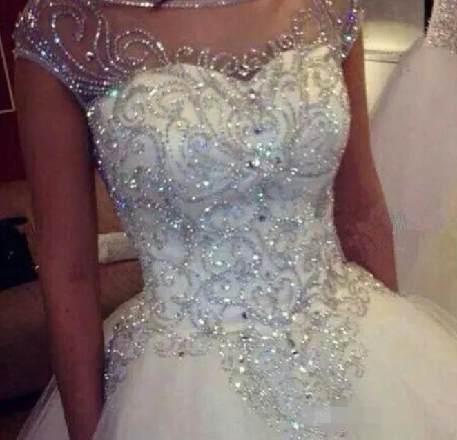Luxury Crystal Ball Gown Wedding Dresses Scoop Sheer Neck Cap Sleeves Beaded Chapel Train 2019 Custom Made Wedding Bridal Gown 2201