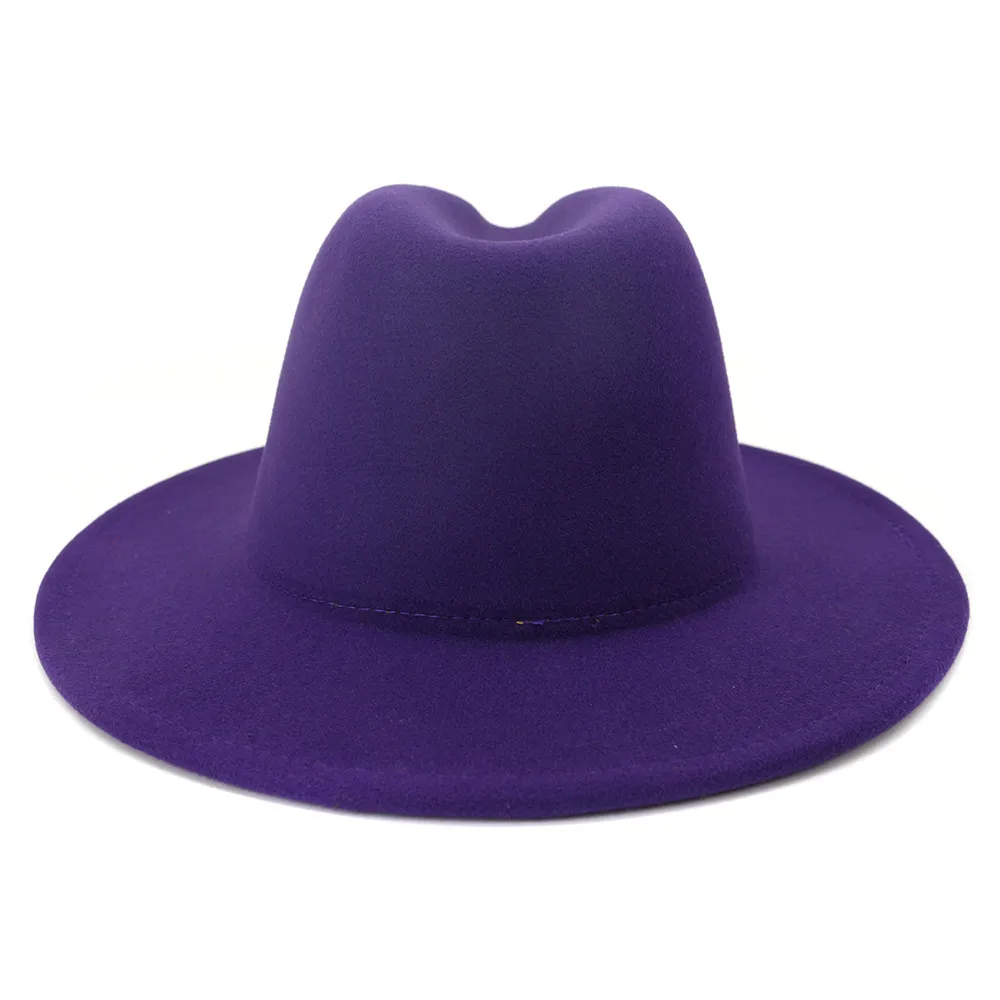 Purple Yellow Patchwork Unisex Panama Wool Felt Fedora Hats with Belt Buckle Women Men Wide Brim Party Trilby Gambler Hat255g