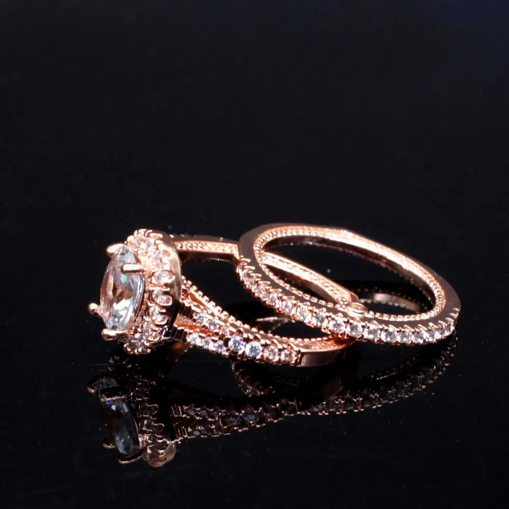 Bonito feminino diamante redondo anel conjunto marca de luxo 925 prata anel de noivado vintage nupcial anéis de casamento para women326b