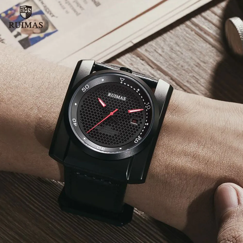 Ruimas Luxury Automatic Watches Men Square Dialogue Analogue Mechanical Watch Black Leather Wristwatch Relogios Masculino Clock 6775 N236D