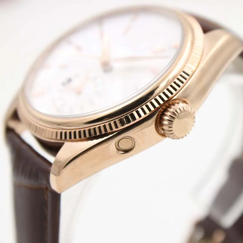 40 мм автоматические механические мужские часы с корпусом из розового золота, белым циферблатом, коричневым кожаным ремешком и субциферблатами GMT187s