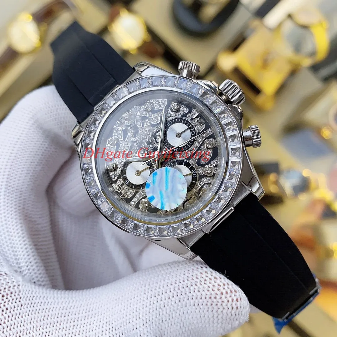 En Kaliteli Erkekler İzler 116588 TBR 116598 18K Tiger Diamond Watch Kozmograf Kauçuk Band Otomatik Kolluluğu No C257T