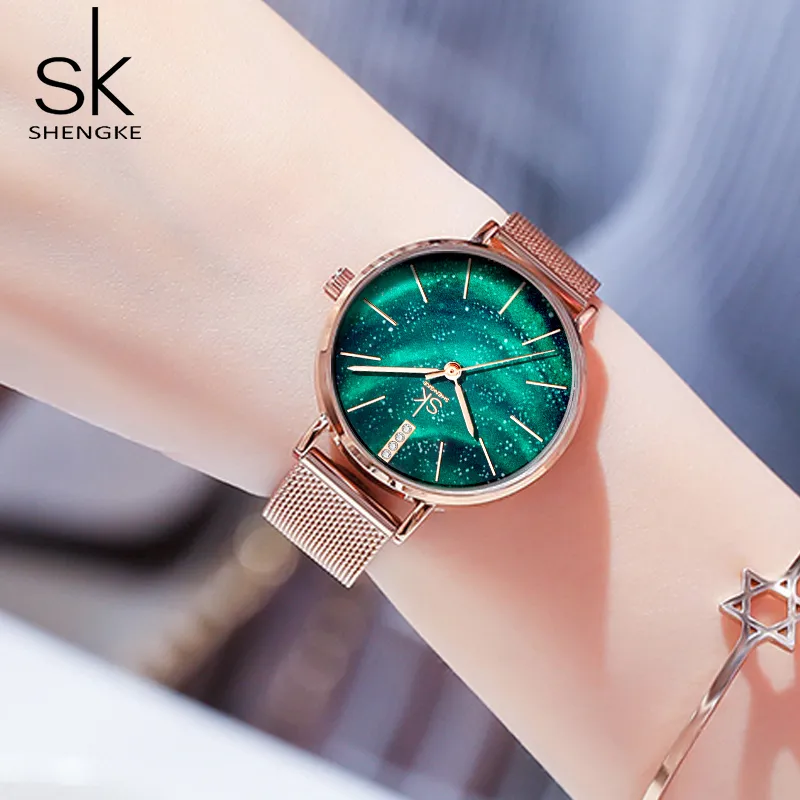 Shengke relógios femininos estrelado verde dial reloj mujer senhoras relógio de pulso ultra-fino pulseira de aço inoxidável quartzo montre femme gift235q