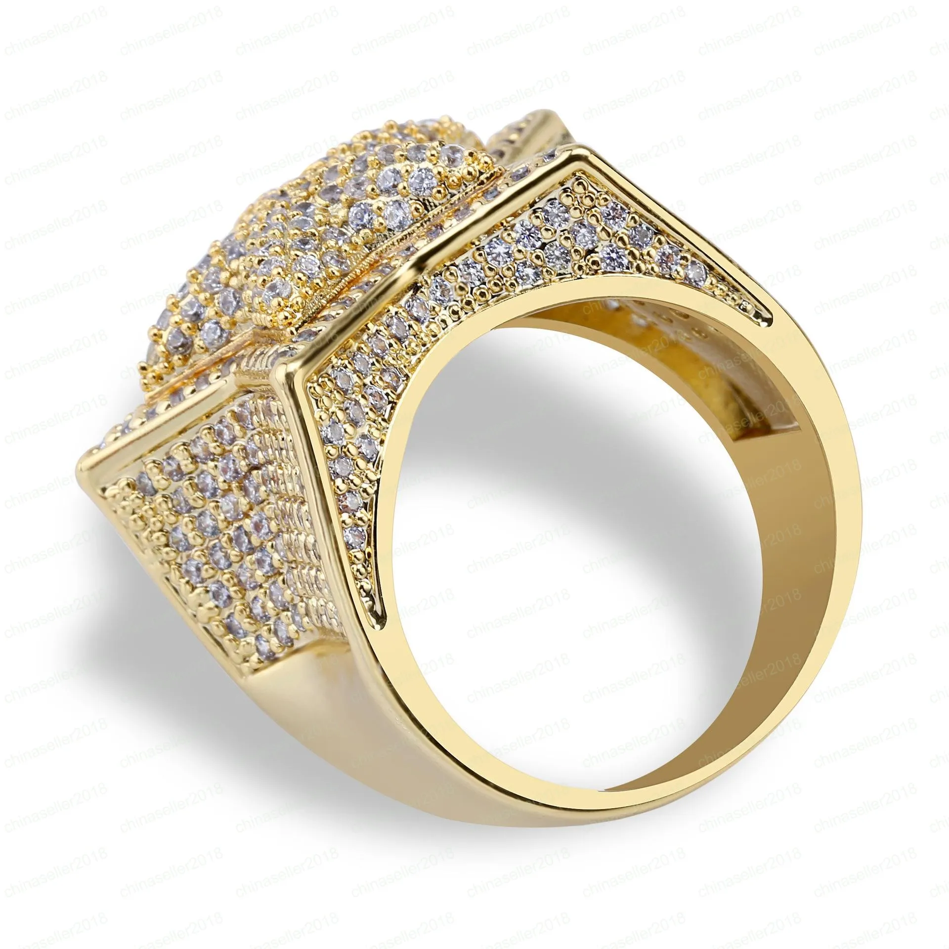 New Designer Luxury 18K Gold White CZ Zirconia Pentagram Ring 2020 Full Diamond Iced Out Hip Hop Jewelry Gifts for Men & Women Rin253d