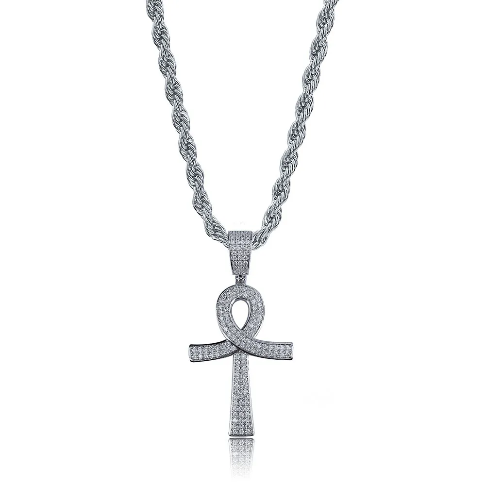 18K Guld- och vitt guldpläterad diamant Ankt Key of Life Cross Pendant Chain Necklace Cubic Zirconia Hip Hop Rapper Jewelry for Men307m