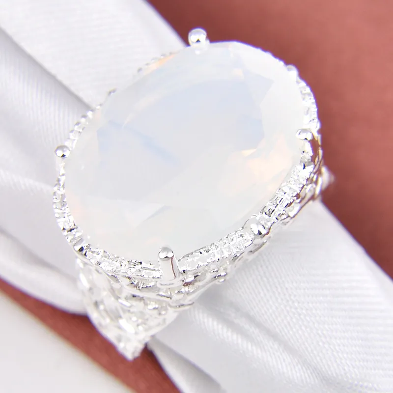 Hele 12 Stuks Veel Luckyshine Ovale Vuur Witte Maansteen Edelsteen Ringen Zilveren Bruiloften Sieraden Valentijnsdag Cadeau Ring Fo316m