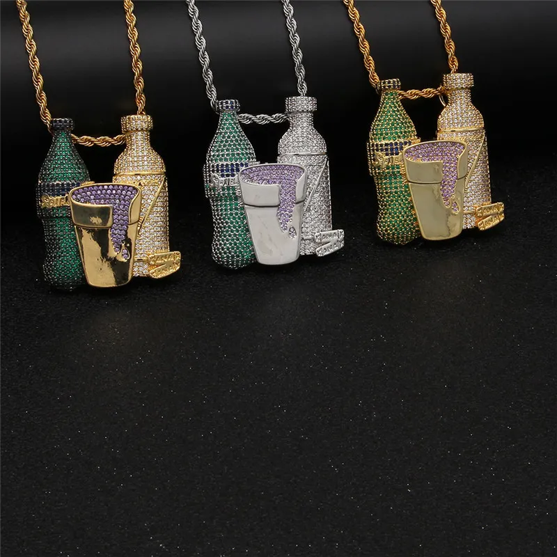 Hip Hop Iced Out Sprite Bottle Purple Cup Combo Pendant Necklace Gold Silver Color Cubic Zircon Men's Jewelry244S