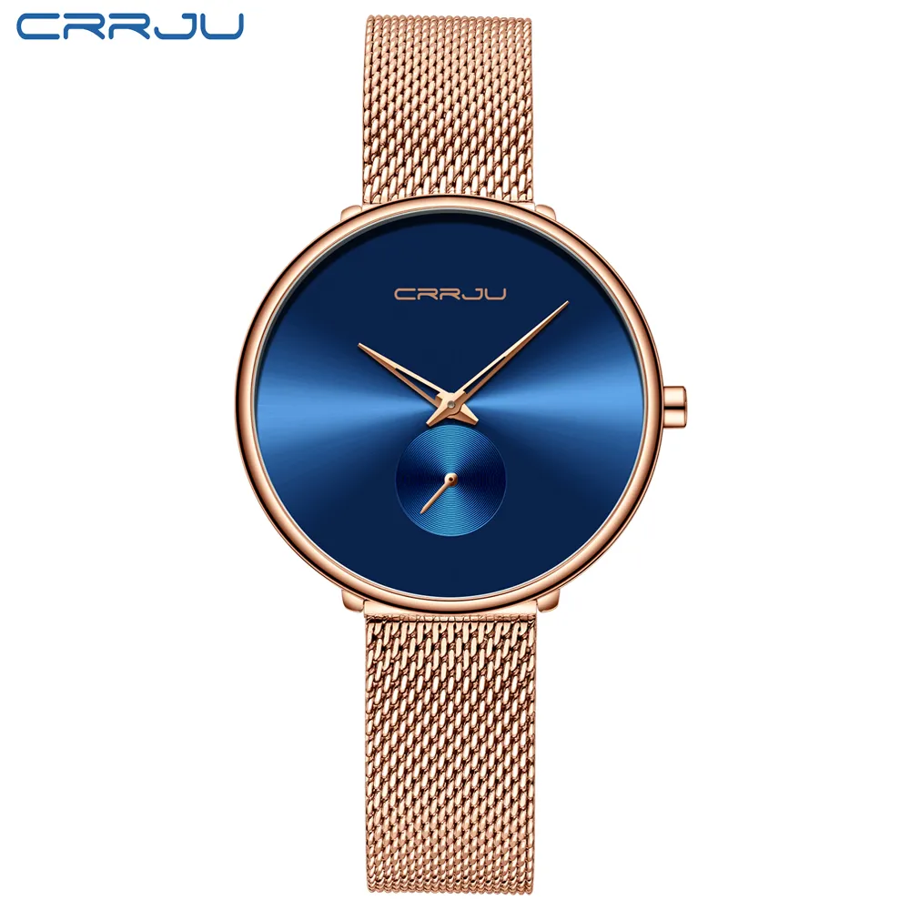 Mode femmes montre de luxe CRRJU décontracté Simple dames robe quotidienne maille montre-bracelet minimaliste étanche Quartz femme Clock269N