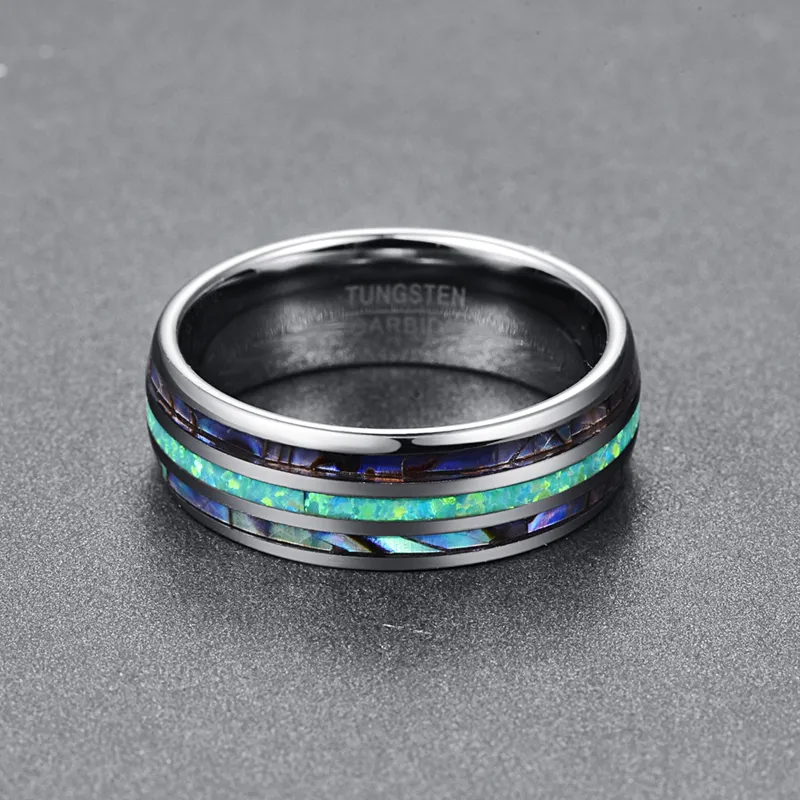 Somen 8mm Luxury Silver Color Tungsten Carbide Ring Blue Fire Opal Shell For Men Women Wedding Engagement Ring Bague Homme MX2003749246