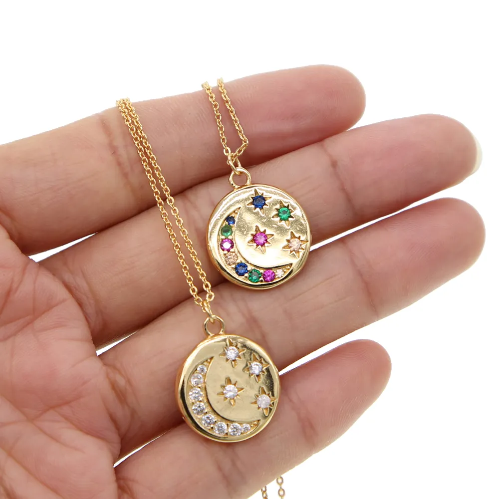 round disco coin necklace gold plated engraved white rainbow cz moon star shooting star design fashion necklaces316m