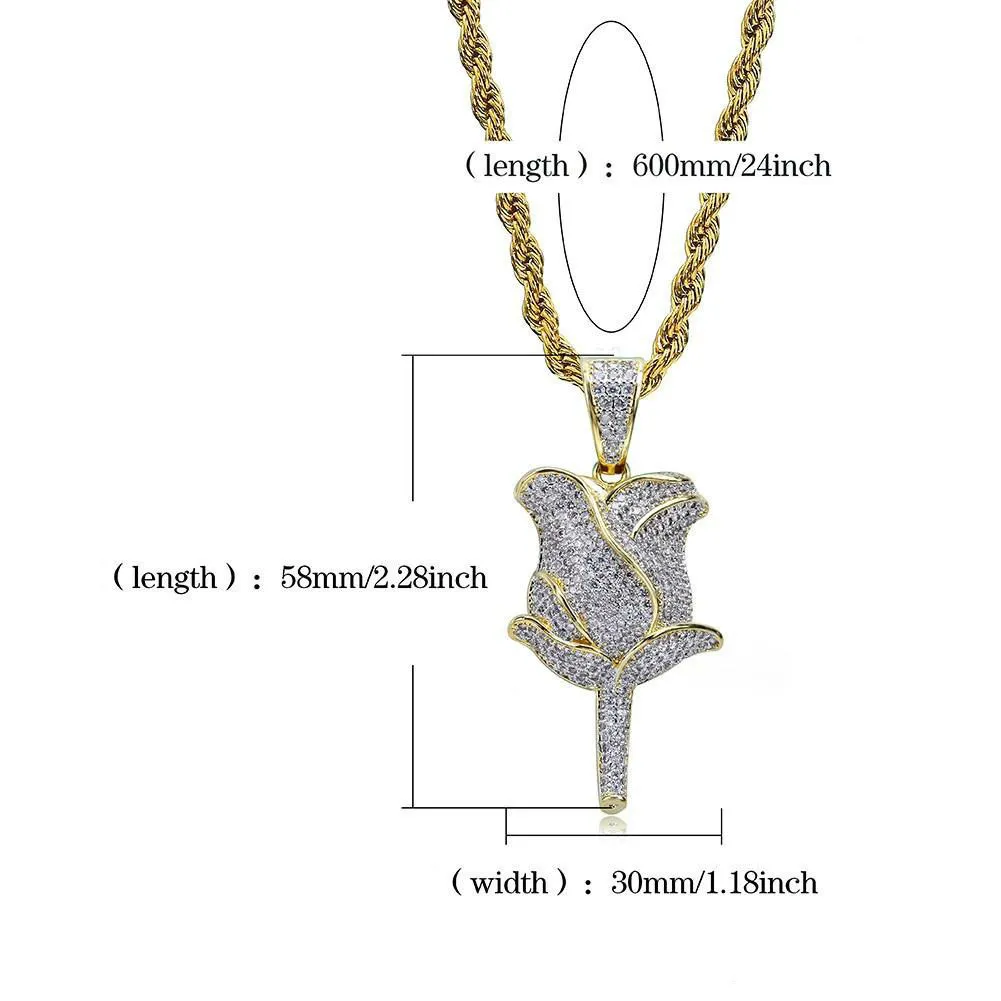 Hip Hop Rose Flower Pendant Necklace Rope Chain Iced Out Cubic Zircon Bling Men smycken Locket Halsband192d