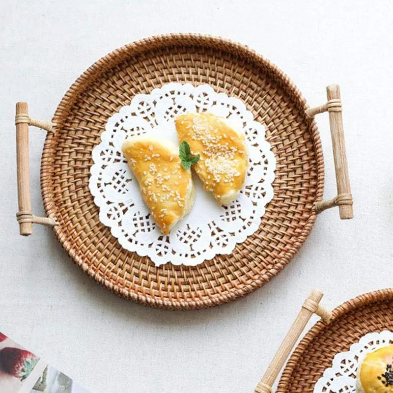 Bandeja de armazenamento de vime cesta redonda com alça bandeja de vime tecido à mão cesta de vime pão frutas alimentos display de café da manhã l250s