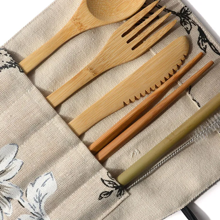 Set da viaggio portatile con posate in bambù, forchetta, bacchette, coltello, cucchiai, spazzole in paglia, kit da picnic all'aperto da 6 pezzi, riutilizzabile