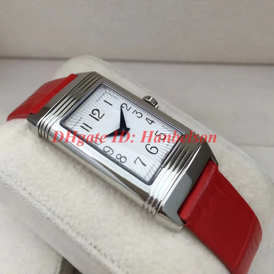NEUE Uhren 3352420 Diamant Rechteckige Damenuhren REVERSO Hochwertiges Gehäuse mit Flip-Funktion Lederarmband Quarz-Armbanduhr239L
