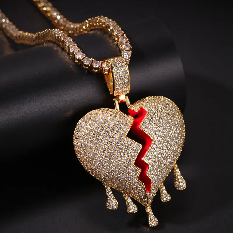 Collar con colgante de corazón roto helado para hombre y mujer, joyería de Hip Hop, collares de gota de agua de oro y plata