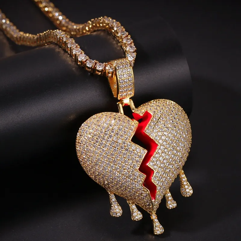 Iced Out Разбитое Сердце Кулон Ожерелье Мужская Женская Мода Хип-Хоп Ювелирные Изделия Золото Серебро Ожерелья Капли Воды