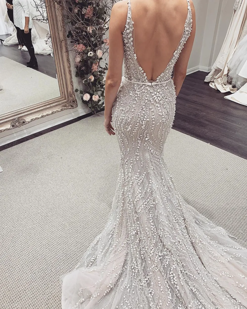 Sexy Silver Deep V Neck Mermaid Wedding Dresses Full Lace Appliques Open Back Spaghetti Plus Size Bridal Gown