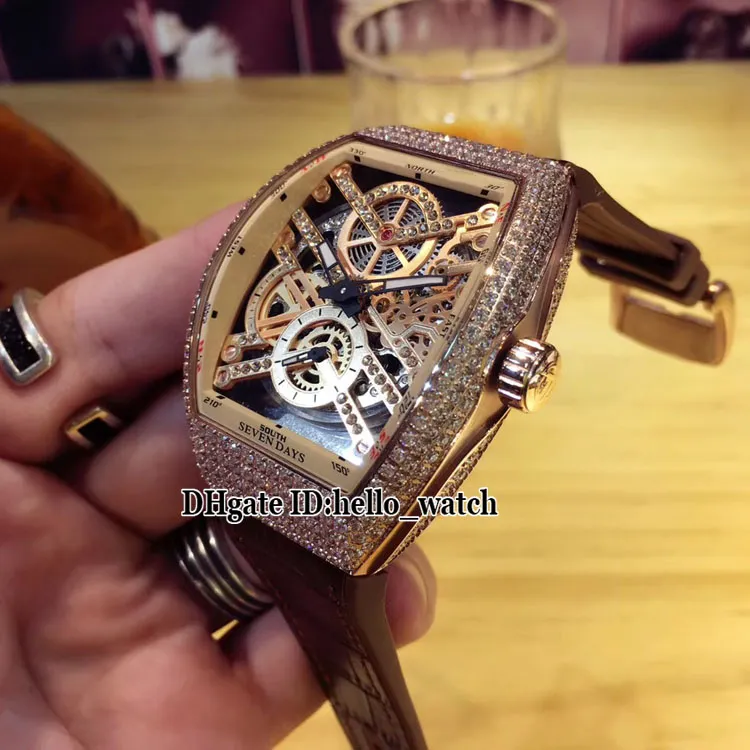 Saratoge Vanguard V 45 T SQT Black Hollow Skeleton Dial Automatic Mens Watch Rose Gold Diamond Case Leather Rubber Strap W309n