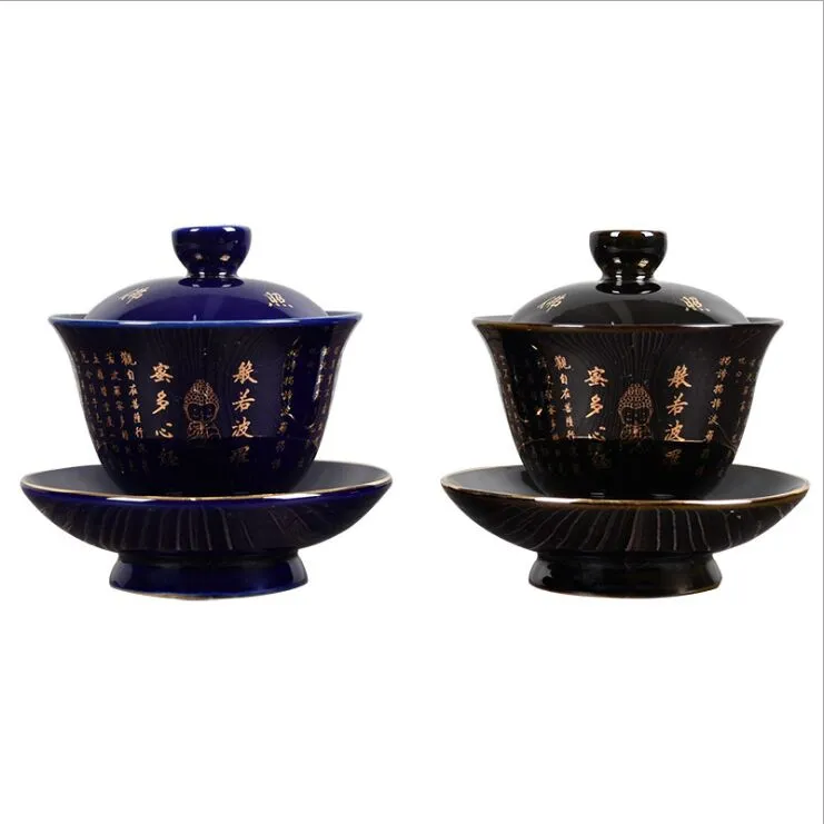 Juego de té, cuenco individual para el hogar, tazón de té de cerámica, taza de té, cuenco con cubierta azul antiguo con lámpara de hoja de bodhi 213l