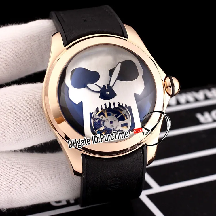 New 45mm Admiral's Cup Bubble Automatic Tourbillon Mens Watch Steel Case Gray Dial Silver Skull Gray Leather Rubber Watches P180v