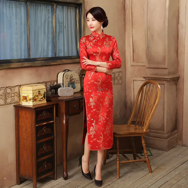高ファッションレッドサテンチャイナ山ヴィンテージ高品質中国人女性QIPAOシルム半袖ノベルティロングドレスS-2XL E0013-A C18122701