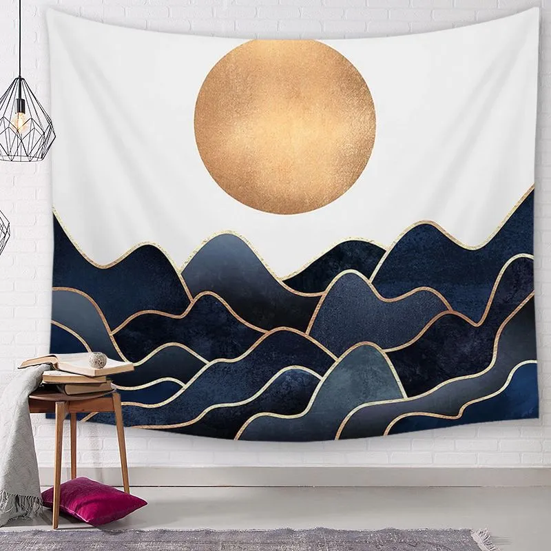 Tissu polyester décoration murale vintage style japonais tapisserie soleil et océan suspendu art vague de mer tapiz tenture mural301Z