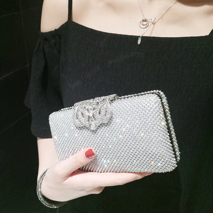 New Fashion Crystal Rhinestone Ladies Wedding Party Bridal Silver Black Clutch Evening Bag hand bags Shoulder Purse Wallet Makeup 2506