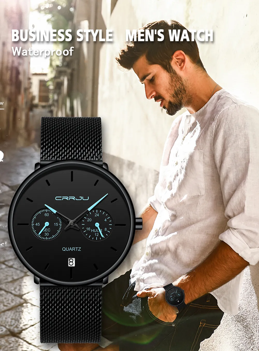 Mens Designer Watches Crrju Full Steel Casual Waterproof Watch for Man Sport Quartz Watch Men's Dress Calender Watch Relogio 289o