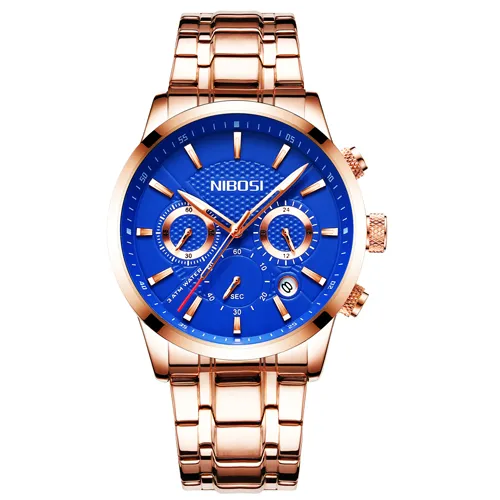 Nibosi relogio masculino relógios masculinos marca superior de luxo rosa aço quartzo relógio casual esporte cronógrafo relógio pulso saat257v