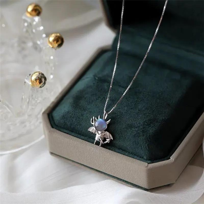 Moonstone Sweet Cute Little Devil Pendant Necklace 925 Sterling Silver Clavicle Chain Female Jewelry333e