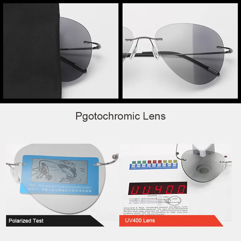 Occhiali da sole fotocromatici senza montatura in titanio da uomo polarizzati guida occhiali da sole pilota ultraleggeri la pesca all'aperto UV400 T200619